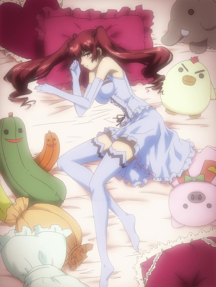 absurdres bare_shoulders bed blush breasts corset elbow_gloves freezing frilled_pillow frills genessa_roland gloves heart highres legs long_legs lying medium_breasts no_shoes non-web_source on_bed on_side pillow red_hair screencap solo stitched stuffed_animal stuffed_toy thighhighs third-party_edit white_legwear zettai_ryouiki