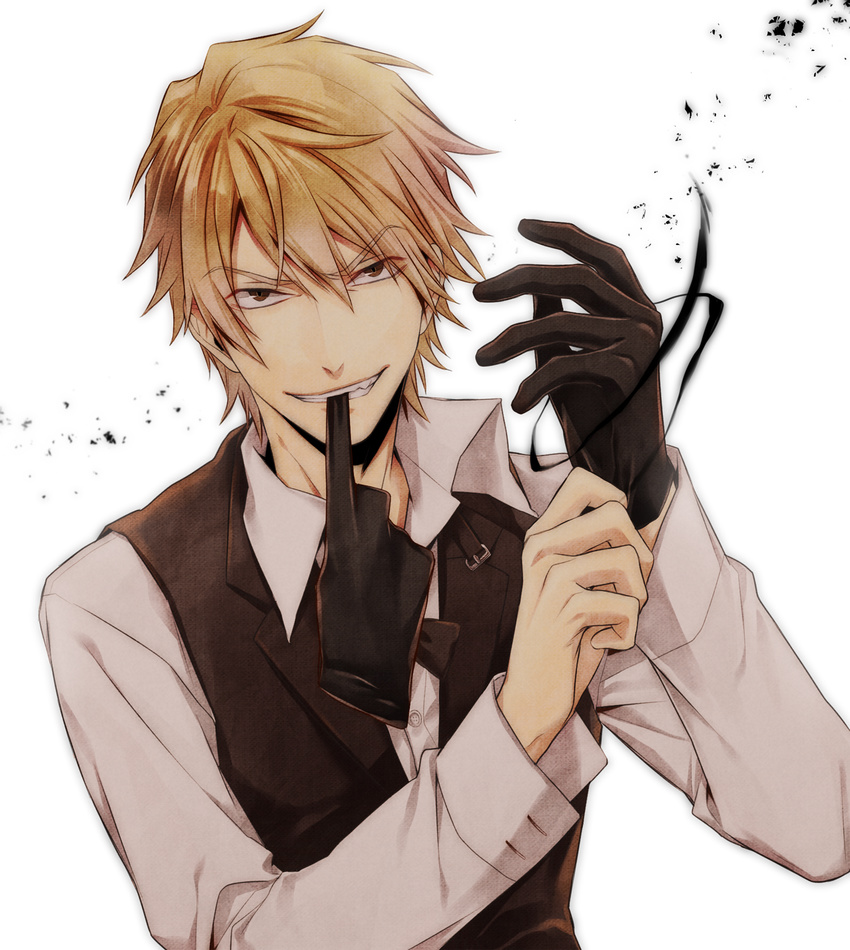 blonde_hair bow bowtie brown_eyes durarara!! glove_in_mouth gloves grin heiwajima_shizuo highres itohara male_focus mouth_hold smile vest