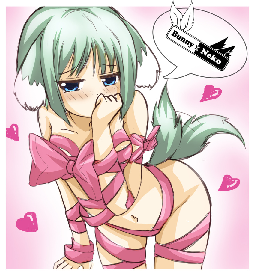 animal_ears bad_deviantart_id bad_id blue_eyes derivative_work dog_days dog_ears dog_girl dog_tail eclair_martinozzi green_hair greenteaneko heart highres light_green_hair naked_ribbon navel nude ribbon short_hair solo tail tail_wagging