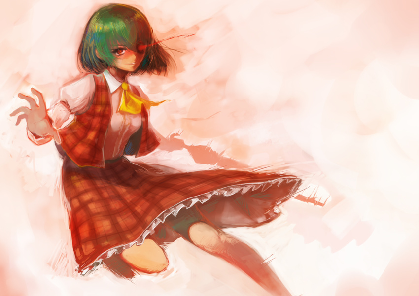 absurdres bad_id bad_pixiv_id glowing glowing_eye green_hair highres kazami_yuuka light_trail open_clothes open_vest outstretched_hand red_eyes shirt short_hair skirt skirt_set smirk sola7764 solo touhou vest