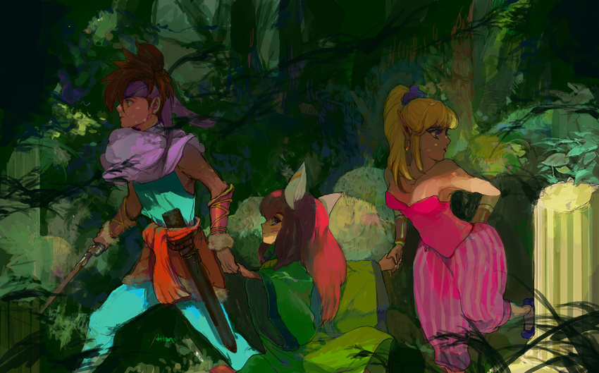 1girl 1other androgynous ayana_(tannsann) bare_shoulders blonde_hair blue_eyes capelet column corset forest fur_trim headband highres holding_hands nature pillar pointy_ears popoi primm randi red_hair seiken_densetsu seiken_densetsu_2 spiked_hair sword vambraces weapon