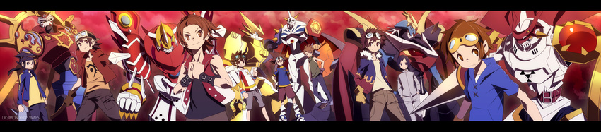 absurdres armor bad_id bad_pixiv_id belt black_hair blue_eyes brown_eyes brown_hair buckle cape claws daimon_masaru digimon digimon_adventure digimon_adventure_02 digimon_frontier digimon_savers digimon_tamers digimon_xros_wars dukemon fur_coat gloves goggles green_eyes hajime_(hajime-ill-1st) highres hood hoodie horns ichijouji_ken imperialdramon_fighter_mode ishida_yamato kanbara_takuya kudou_taiki lance letterboxed long_image long_sleeves matsuda_takato minamoto_kouji monster motomiya_daisuke multiple_boys omegamon omegashoutmon polearm shinegreymon short_hair short_sleeves shorts spikes susanoomon weapon wide_image wings yagami_taichi yellow_eyes