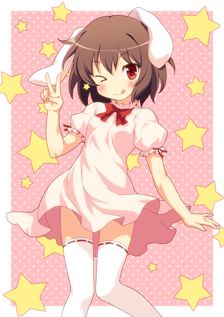 ;q animal_ears blush brown_hair bunny_ears dress highres inaba_tewi looking_at_viewer one_eye_closed red_eyes short_hair smile solo star thighhighs tongue tongue_out touhou v white_legwear yamasan zettai_ryouiki