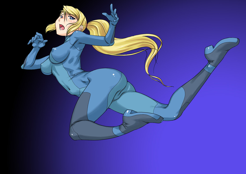 blonde_hair blue_eyes bodysuit breasts cameltoe covered_nipples full_body jumping long_hair makochin medium_breasts metroid open_mouth ponytail samus_aran simple_background skin_tight solo twisted_torso zero_suit