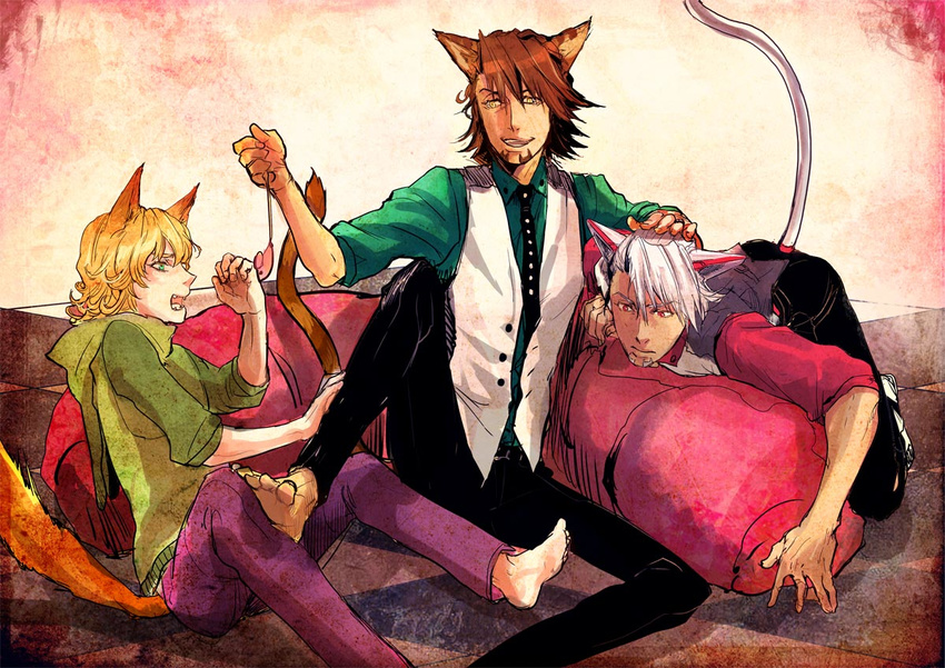 akebi_miso animal_ears bad_id bad_pixiv_id barefoot barnaby_brooks_jr blonde_hair brown_eyes brown_hair cat_ears cat_tail cat_teaser dark_persona dual_persona ebitetsu facial_hair glasses green_eyes hood hoodie jacket kemonomimi_mode multiple_boys necktie red_jacket short_hair stubble tail tiger_&amp;_bunny vest waistcoat white_hair