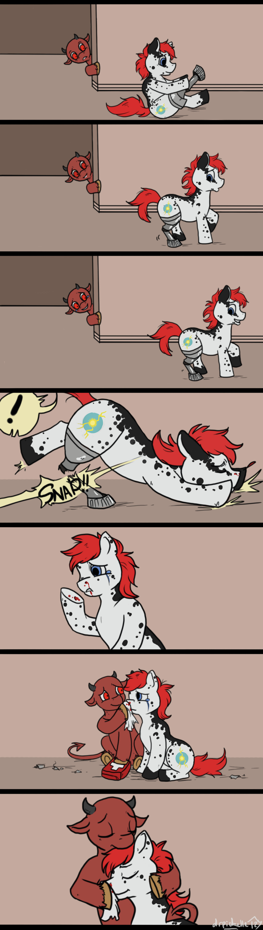 blood blue_eyes comic crying cutie_mark demon dr_pickelle english_text equine female flux_(mlp) friendship_is_magic generation_4 hair hooves horn horse hug lucy_(mlp) male mammal missing_leg missing_limb my_little_pony original_character pony red_eyes red_hair text white_body