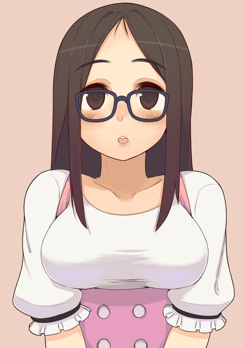 1girl breasts brown_eyes brown_hair glasses highres large_breasts long_hair open_mouth original oza_watto solo waitress