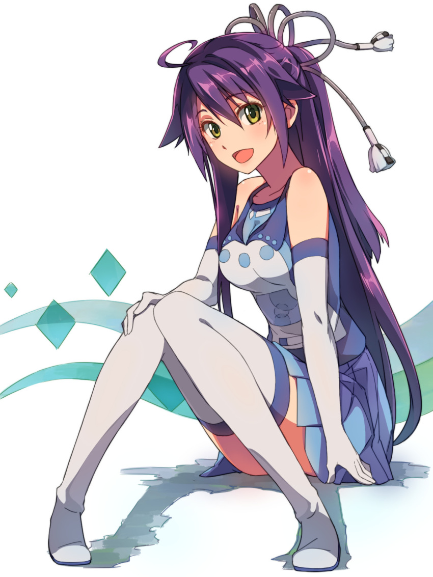 1girl :d ahoge blue_skirt boots chiharu_(9654784) collarbone elbow_gloves eyebrows_visible_through_hair gloves grey_footwear grey_gloves grey_ribbon hair_between_eyes hair_ribbon highres long_hair looking_at_viewer miniskirt open_mouth original pleated_skirt purple_hair ribbon shiny shiny_hair shirt sitting skirt sleeveless sleeveless_shirt smile solo thigh_boots thighhighs very_long_hair white_background yellow_eyes zettai_ryouiki