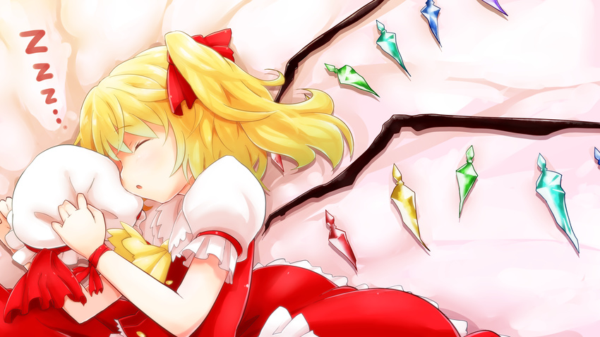 ascot blonde_hair closed_eyes flandre_scarlet hair_ribbon hat hat_removed headwear_removed highres lying mesonasi on_side ribbon shirt side_ponytail skirt skirt_set sleeping solo touhou wings wrist_ribbon zzz