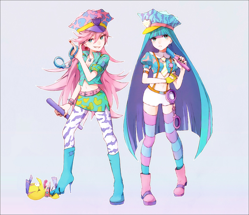 aqua_eyes aqua_hair baton belt boots border chuck_(psg) cuffs earrings fingerless_gloves gloves grin handcuffs hat holding jewelry long_hair multiple_girls navel necktie panty_&amp;_stocking_with_garterbelt panty_(psg) pantyhose pink_hair police_hat smile standing stocking_(psg) striped striped_background striped_legwear suspenders thighhighs tsuyuxxx