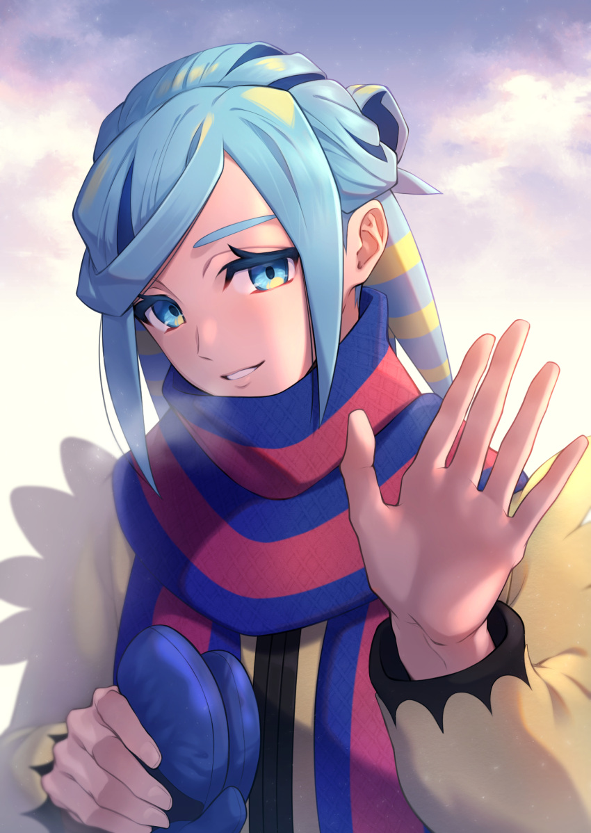 1boy aqua_eyes aqua_hair blue_mittens blue_scarf blurry breath commentary_request day grusha_(pokemon) highres holding jacket looking_at_viewer maki_(letusgomaki) male_focus mittens_removed outdoors parted_lips pokemon pokemon_(game) pokemon_sv scarf smile solo striped striped_scarf upper_body yellow_jacket