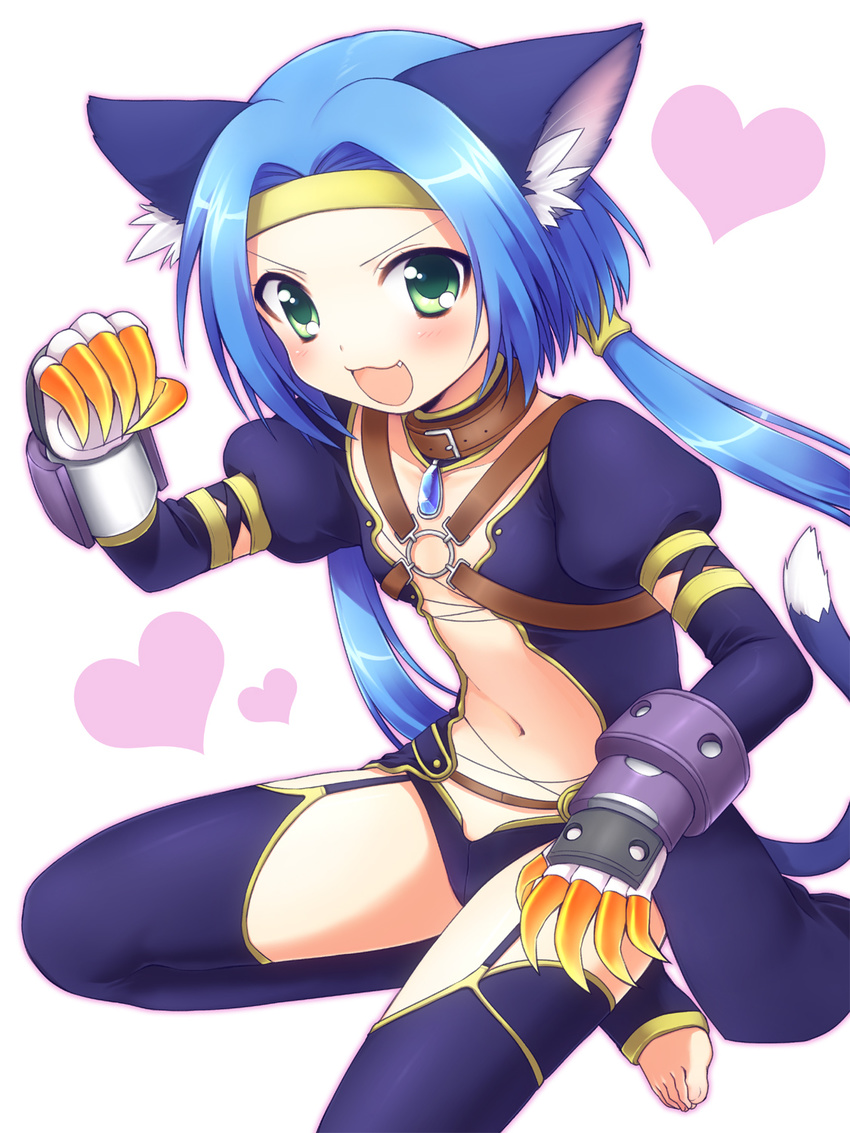 :3 animal_ears barefoot blue_hair cat_ears center_opening claw_(weapon) collar fang flat_chest garter_straps green_eyes hairband highres jewelry long_hair meracle_chamlotte navel o-ring panties pendant smile solo star_ocean star_ocean_the_last_hope stirrup_legwear tail thighhighs toeless_legwear toes twintails underwear usashiro_mani weapon