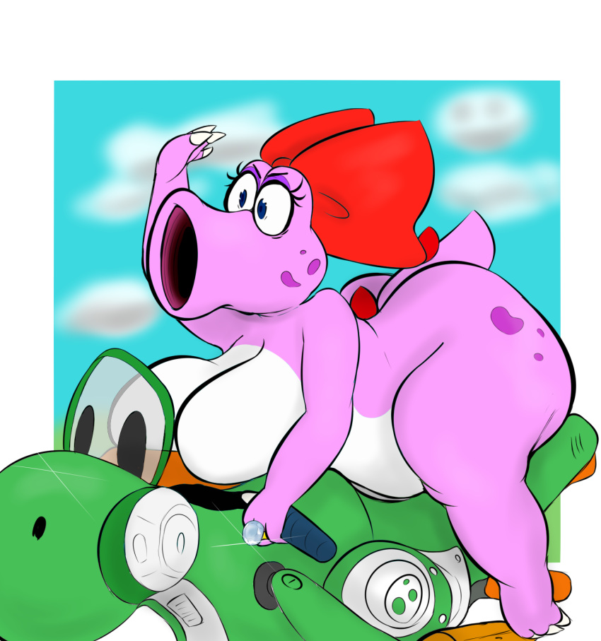 angry anthro belly big_breasts big_butt birdo bow_ribbon breasts butt chubby_female curvy_figure eyelashes female hi_res jewelry long_eyelashes lying mario_bros mario_kart mario_kart_8_deluxe motorcycle nintendo nude on_front plantedpot purple_eyes riding_motorcycle ring short_stack slightly_chubby solo thick_thighs vehicle wide_hips