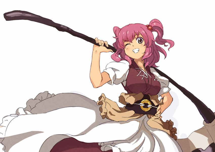 alternate_color blush colorized grey_eyes grin hair_bobbles hair_ornament hand_on_hip obi one_eye_closed onozuka_komachi over_shoulder pink_hair sash scythe shibasaki_shouji short_hair smile solo touhou two_side_up yen