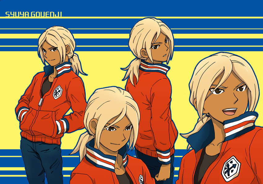 absurdres blonde_hair brown_eyes dark_skin dark_skinned_male denim gouenji_shuuya hands_in_pockets highres inazuma_eleven_(series) inazuma_eleven_go jacket jeans long_hair male_focus open_mouth pants ponytail ray-lah smile zipper