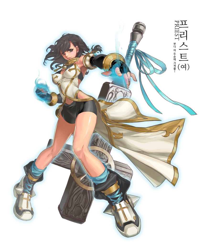 boots brown_hair cross dfo dnf dungeon_and_fighter dungeon_fighter_online female female_priest female_priest_(dungeon_and_fighter) fingerless_gloves gloves highres priest priest_(dungeon_and_fighter) weapon