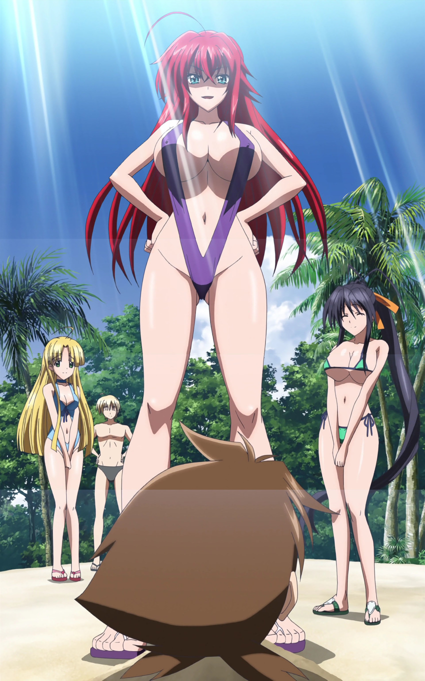 2_boys 2boys 3girls absurdres ahoge asia_argento bikini blonde_hair blue_eyes breasts hair_ribbon hands_on_hips high_school_dxd highres himejima_akeno hyoudou_issei kiba_yuuto large_breasts long_hair micro_bikini multiple_boys multiple_girls navel ponytail red_hair rias_gremory ribbon sandals side-tie_bikini sidelocks sling_bikini swimsuit yuuto_kiba