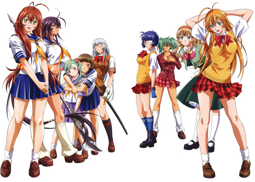 blonde_hair blue_hair breasts brown_hair chouhi_ekitoku chouun_shiryuu everyone female girl group ikkitousen kan'u_unchou kanu_unchou large_breasts long_hair miniskirt purple_hair rin-sin ryofu_housen ryomou_shimei ryuubi_gentoku school_uniform shokatsuryou_koumei short_hair short_skirt skirt sonken_chuubou sonsaku_hakufu standing