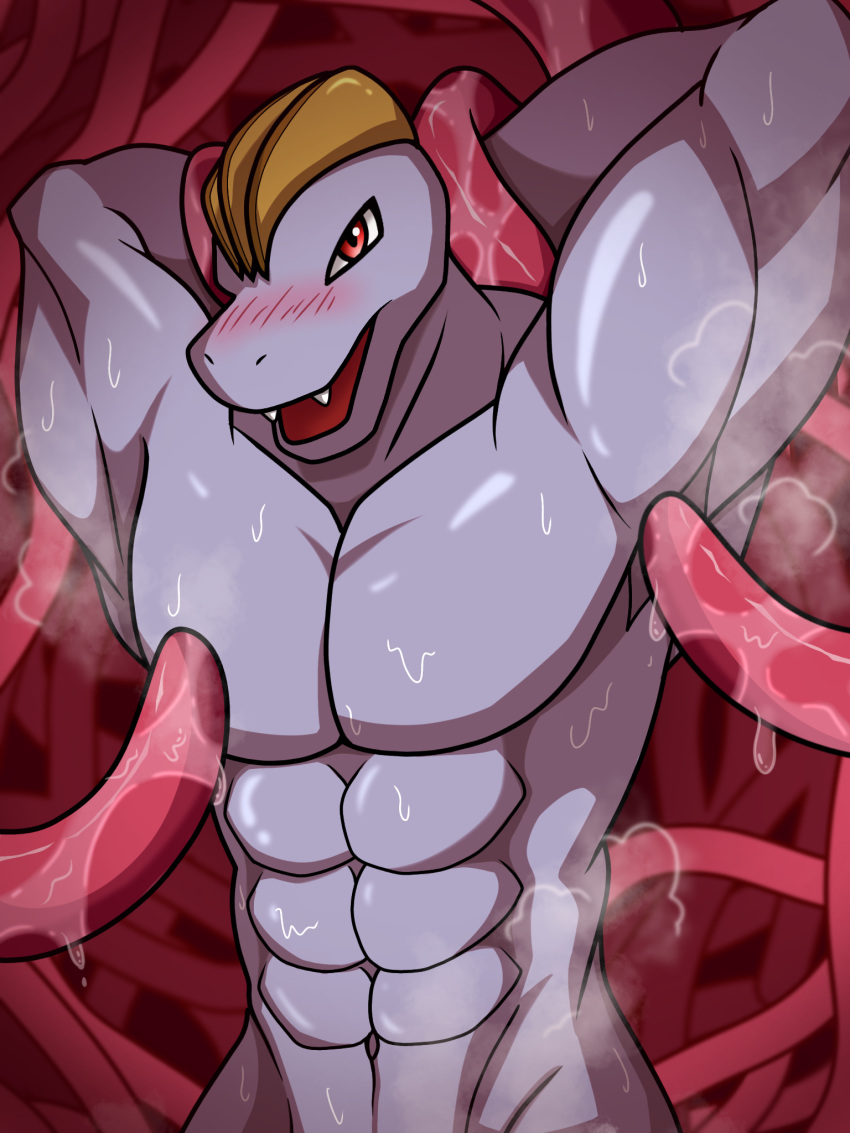 abs armpit_fetish arms_above_head bodily_fluids dragokaizer666 generation_1_pokemon hi_res humanoid machoke male muscular muscular_male nintendo pecs pokemon pokemon_(species) solo sweat tentacles