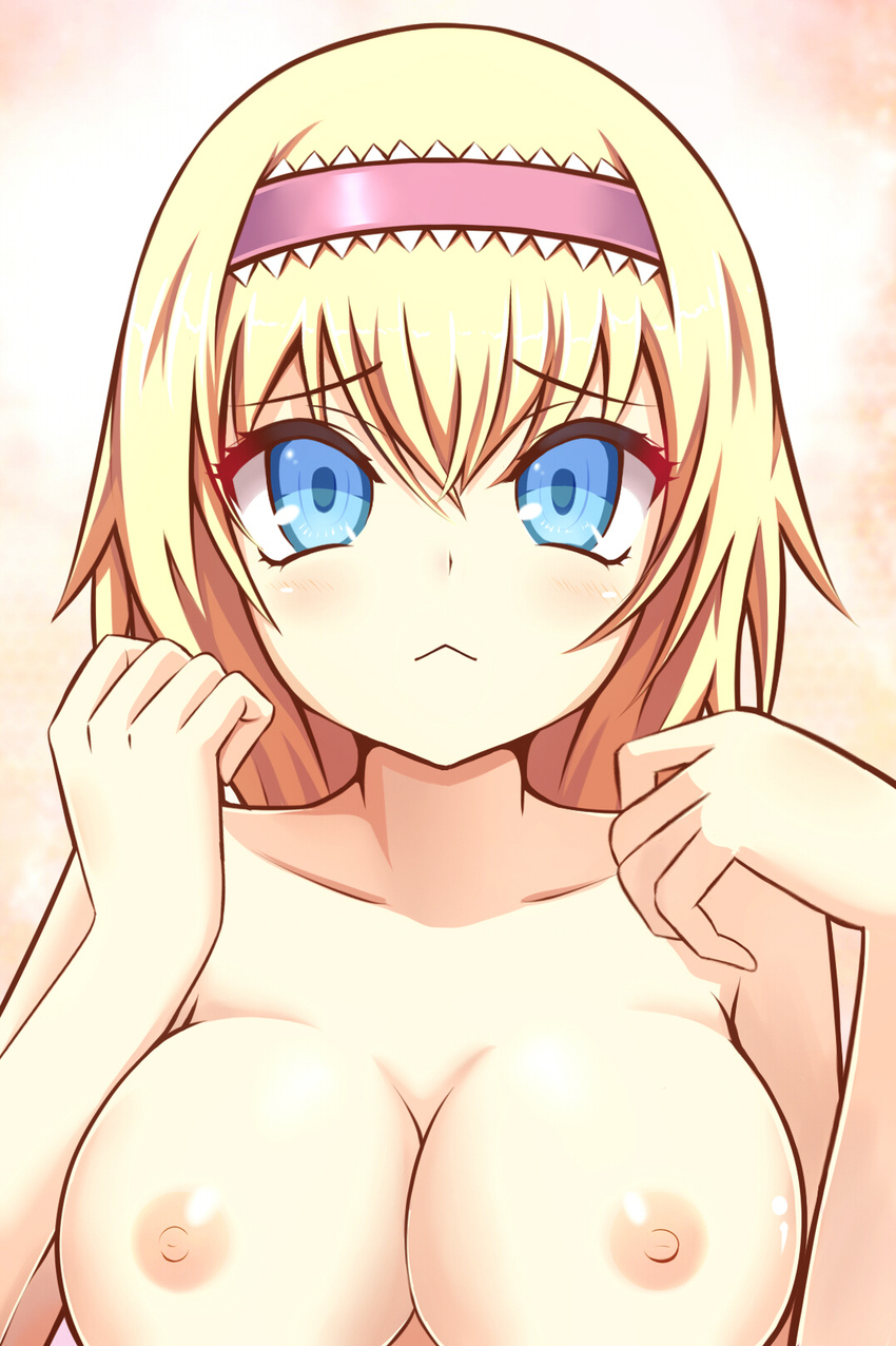:&lt; :3 alice_margatroid areolae bad_id bad_pixiv_id bangs blonde_hair blue_eyes breasts cleavage collarbone hairband highres large_breasts looking_at_viewer nipples nude pink_background shiny shiny_skin short_hair solo touhou upper_body white_background zeroshiki_kouichi