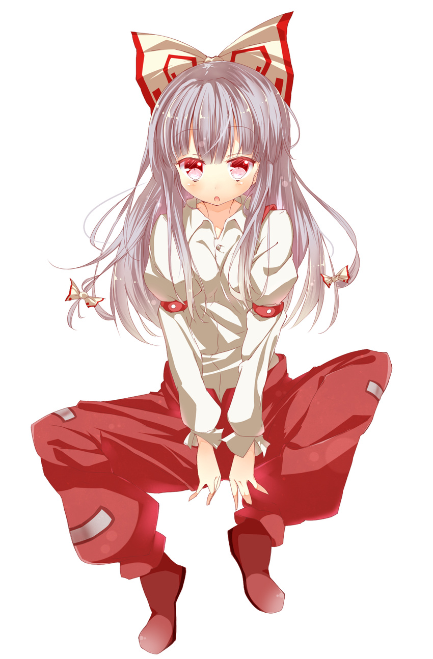 bow fujiwara_no_mokou hair_bow hair_ribbon highres kurean long_hair open_mouth pants red_eyes ribbon shirt silver_hair simple_background solo touhou white_background