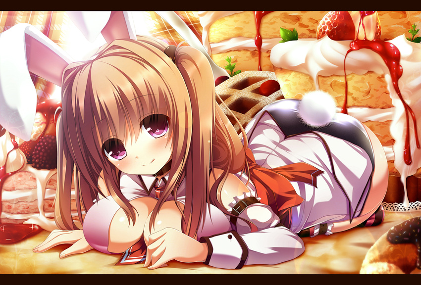 :q animal_ears ass belt between_breasts black_collar blush breasts brown_hair bunny_ears bunny_girl bunny_tail bunnysuit cake cassini_m_bisuko cleavage collar cream detached_sleeves fake_animal_ears fingernails food fruit heart highres large_breasts leg_garter letterboxed long_hair necktie original plaid purple_eyes raspberry smile solo strawberry syroh tail thighhighs tongue tongue_out twintails two_side_up waffle