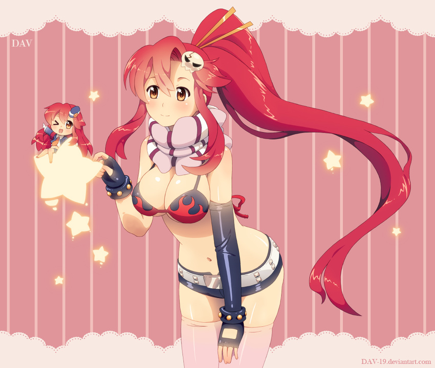 bikini_top breasts chibi cleavage dav-19 dual_persona fingerless_gloves garrison_cap gloves hair_ornament hat long_hair medium_breasts navel necktie one_eye_closed pieces_of_sweet_stars ponytail red_hair scarf short_shorts shorts smile star tengen_toppa_gurren_lagann thighhighs yellow_eyes yoko_littner