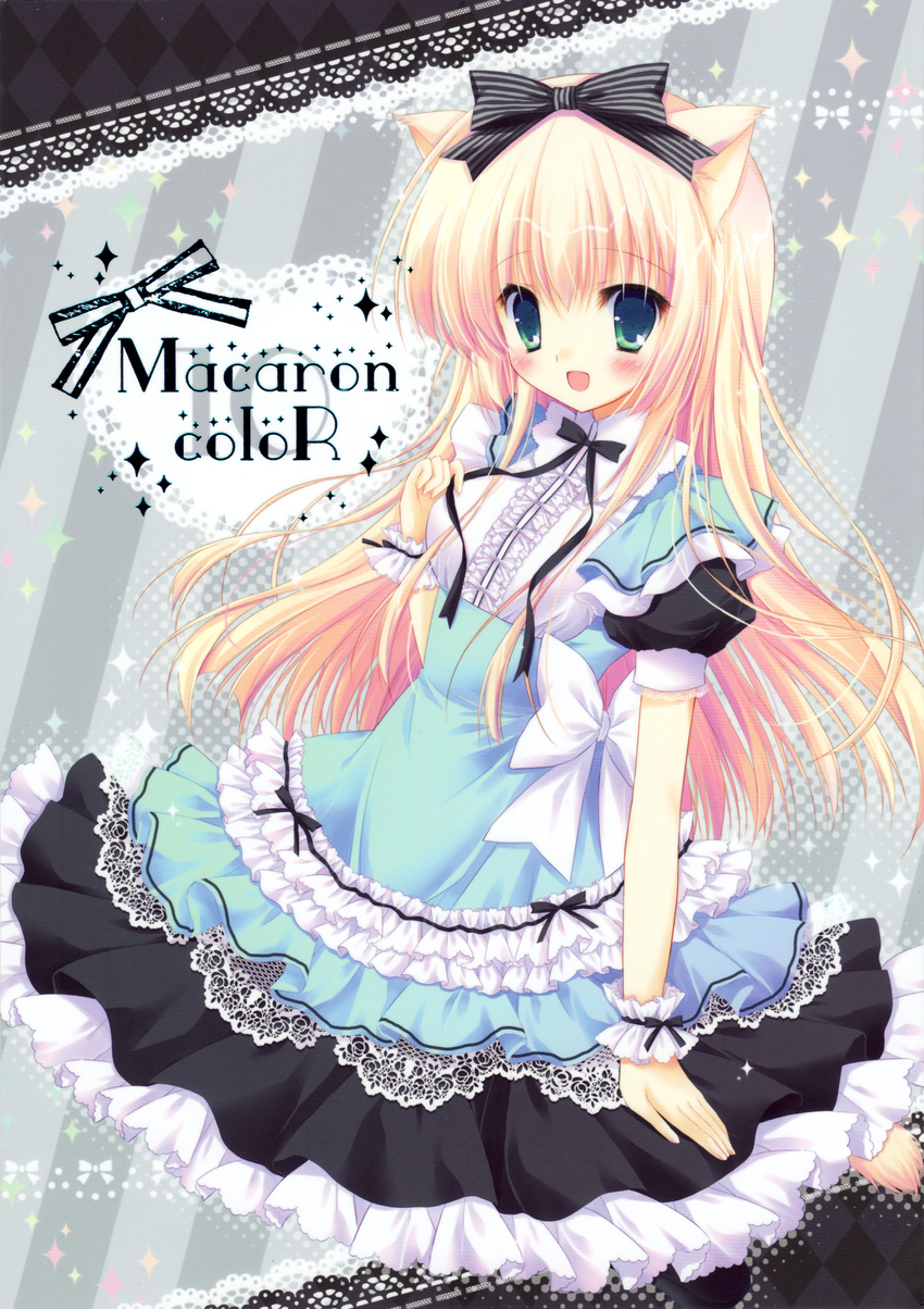 absurdres animal_ears blonde_hair bow cat_ears copyright_request dress frills green_eyes hair_bow hasekura_chiaki highres lace long_hair solo striped striped_background
