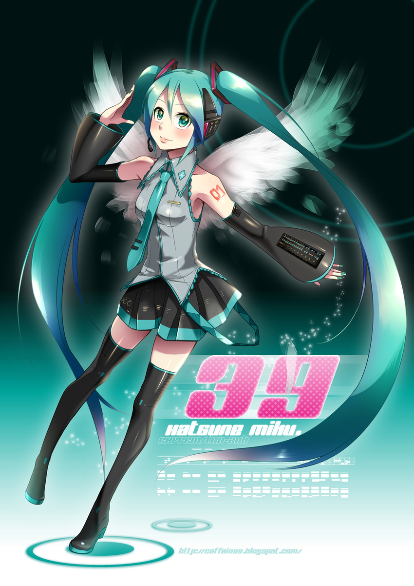 39 aqua_eyes aqua_hair boots caffein character_name detached_sleeves hatsune_miku headset highres long_hair necktie skirt solo thigh_boots thighhighs twintails very_long_hair vocaloid wings