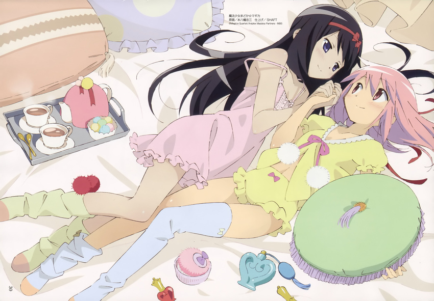 absurdres akemi_homura bangs bed_sheet black_hair blue_eyes blue_legwear blush bottle bow bowl boyshorts candy chemise couple cup drink dutch_angle eye_contact flat_chest food frills from_above fur_trim hair_between_eyes hair_down hair_ribbon hair_spread_out hairband highres holding_hands indoors kaname_madoka legs lingerie long_hair looking_at_another loose_socks loose_thighhigh lying mahou_shoujo_madoka_magica makeup midriff motoyawata_chuuzou multiple_girls navel official_art on_back on_bed on_side open_clothes open_shirt pajamas perfume_bottle pillow pink_eyes pink_hair ribbon scan shirt smile sock_pull socks spoon steam strap_slip tea teacup teapot thighhighs time_paradox tray underwear underwear_only untied very_long_hair yellow_legwear yuri