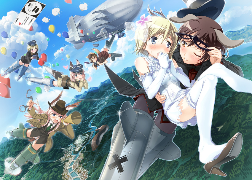 aircraft alternate_costume animal_ears balloon black_legwear blonde_hair blue_eyes blush bow bowtie brown_hair camera cloud cosplay cuffs day dirigible dress erica_hartmann flying gertrud_barkhorn glasses gun handcuffs handgun hands_together hanna-justina_marseille hat head_wings heart hi-ho- high_heels highres holster katou_keiko long_hair multiple_girls no_pants one_eye_closed outdoors panties pantyhose pink_hair pleated_skirt raisa_pottgen river scarf scenery shoe_dangle shoe_loss shoes short_hair skirt sky sparkle strike_witches striker_unit tail thighhighs underwear ursula_hartmann water weapon wedding_dress white_panties wife_and_wife world_witches_series yuri zenigata_kouichi zenigata_kouichi_(cosplay) zeppelin