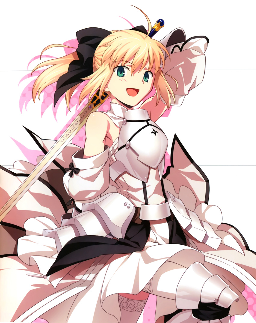 :d absurdres armor armored_dress artoria_pendragon_(all) bare_shoulders blonde_hair caliburn dress fate/stay_night fate/unlimited_codes fate_(series) gauntlets green_eyes hair_ribbon highres higurashi_ryuuji leg_lift long_hair official_art open_mouth ribbon saber saber_lily smile solo sword thighhighs weapon white white_legwear