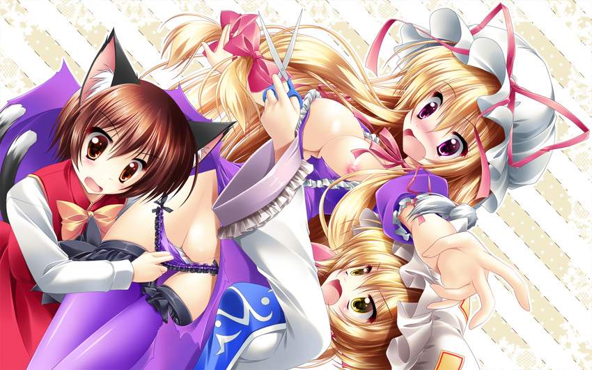 animal_ears assisted_exposure blonde_hair blood blush bow breasts brown_hair cat_ears cat_tail chen fang frilled_legwear frilled_panties frills groin hair_bow hat highres kamiya_tomoe long_hair medium_breasts menstruation multiple_girls nipples no_bra no_hat no_headwear no_pussy open_mouth panties purple_eyes purple_legwear purple_panties red_eyes scissors short_hair tail thighhighs touhou underwear yakumo_ran yakumo_yukari yellow_eyes