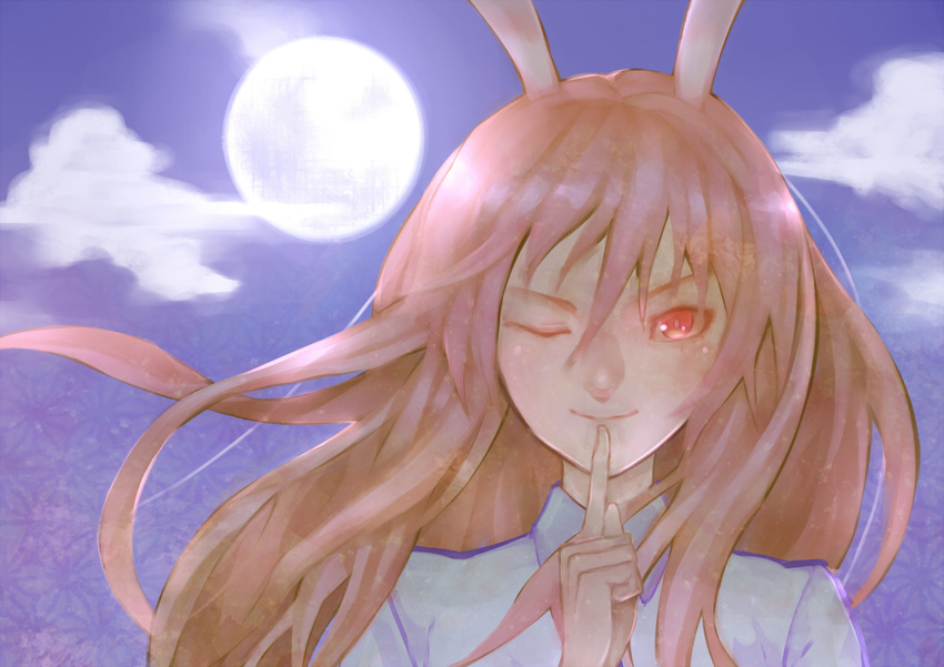 animal_ears bad_id bad_pixiv_id bunny_ears denchuu_akira face finger_to_mouth full_moon long_hair moon one_eye_closed reisen_udongein_inaba solo touhou