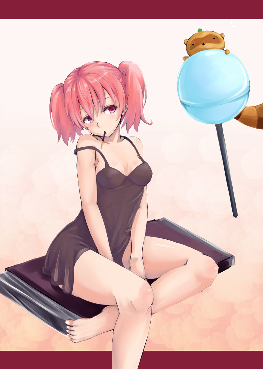 animal bare_legs bare_shoulders barefoot blush breasts candy cleavage food highres inu_x_boku_ss irohasu lollipop pink_eyes pink_hair pocky roromiya_karuta see-through sitting small_breasts strap_slip tanuki twintails watanuki_banri