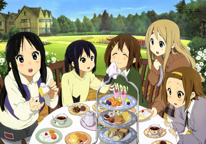 absurdres akiyama_mio black_eyes black_hair blonde_hair blush brown_eyes brown_hair casual closed_eyes cloud day drink fingers food hair_ornament hairband hairclip hands highres hirasawa_yui k-on! k-on!_movie kotobuki_tsumugi maruki_nobuaki multiple_girls nakano_azusa non-web_source official_art palms pantyhose sky tainaka_ritsu tiered_tray tray