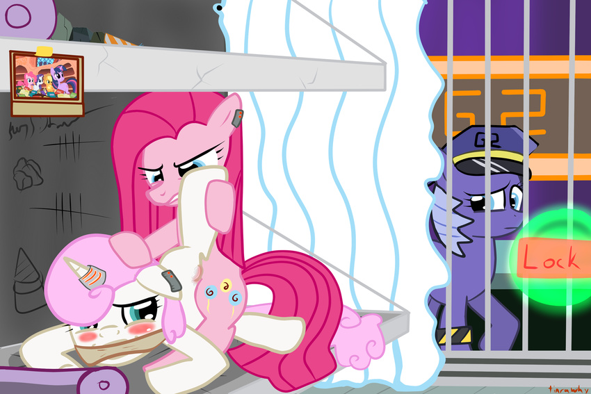 balloon balloons blue_eyes blue_hair blush cutie_mark english_text equine female feral forced friendship_is_magic hair hat horn horse lesbian mammal my_little_pony pink_hair pinkamena_(mlp) pinkie_pie_(mlp) police pony prison pussy rape sex sex_toy text tiarawhy unicorn