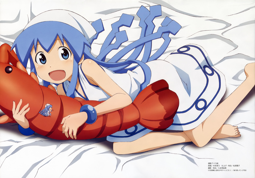 absurdres barefoot bed_sheet blue_eyes blue_hair bracelet hat highres holding honda_yoshino ikamusume jewelry legs long_hair looking_at_viewer lying mini-ikamusume minigirl official_art on_side open_mouth scan shinryaku!_ikamusume shrimp solo tentacle_hair tentacles toes