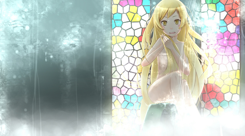 bad_id bad_pixiv_id blonde_hair blush_stickers elizax9x long_hair monogatari_(series) nisemonogatari oshino_shinobu simple_background solo stained_glass yellow_eyes