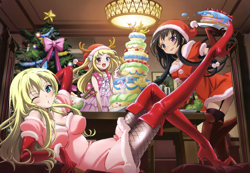 bicolored_eyes black_hair blonde_hair boku_wa_tomodachi_ga_sukunai christmas dress elbow_gloves hasegawa_kobato ishii_kumi kashiwazaki_sena long_hair mikazuki_yozora stockings thighhighs