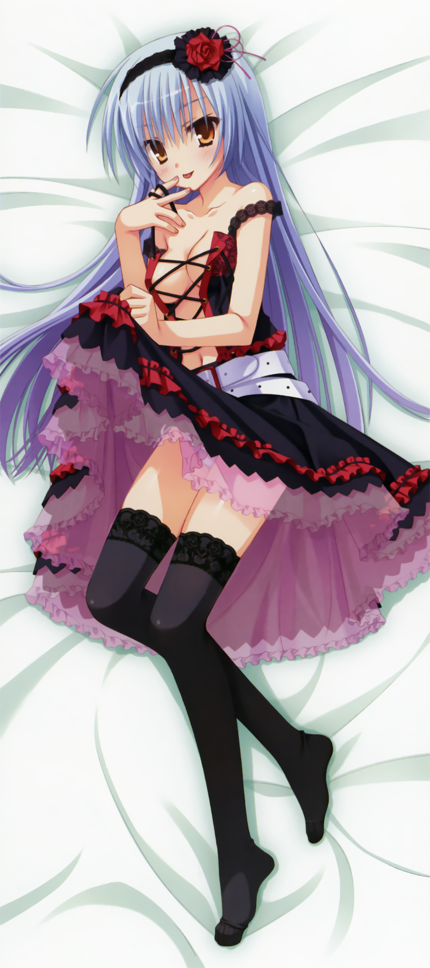 :p absurdres bed bed_sheet black_legwear blue_hair blush breasts cleavage copyright_request dakimakura dress frills from_above full_body highres looking_at_viewer lying medium_breasts muririn no_bra on_back on_bed on_stomach panties see-through solo thighhighs tongue tongue_out underwear white_panties yellow_eyes