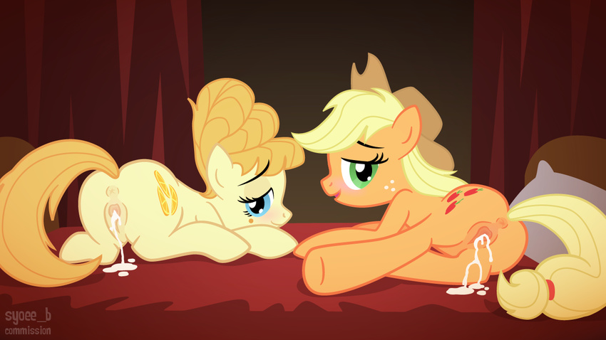 after_sex anus applejack_(mlp) aunt_orange_(mlp) bed blonde_hair blue_eyes blush butt cowboy_hat cum cum_in_pussy cum_inside cutie_mark duo equine female feral freckles friendship_is_magic green_eyes hair hat horse long_hair looking_at_viewer looking_back mammal my_little_pony orgasm pillow pony presenting pussy sex smile syoee_b vaginal