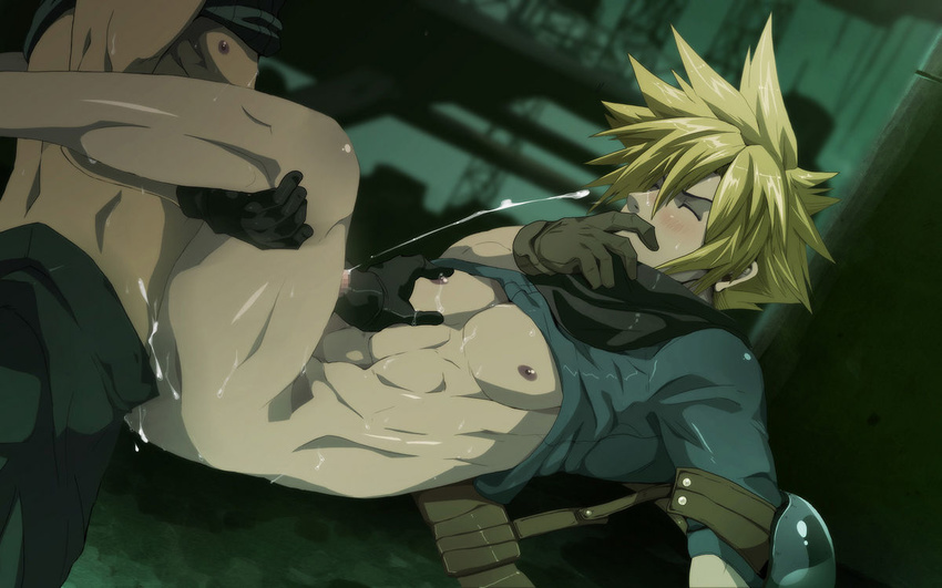 abs anal armor ass black_gloves blonde_hair bottomless censored cg cloud_strife crisis_core_final_fantasy_vii cum cum_in_ass cum_inside cum_on_ass cum_on_body cum_on_lower_body cum_while_penetrated ejaculation eyes_closed final_fantasy final_fantasy_vii gloves hand_over_mouth lying male male_focus mazjojo multiple_boys muscle nipple_rub nippleplay nipples on_back outdoors penis scarf sex shirt_lift turtleneck undressing uniform unzipped yaoi zack zack_fair