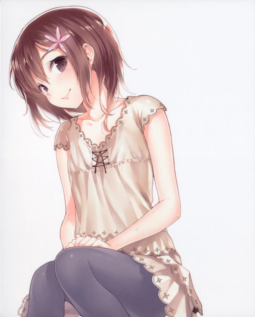 absurdres bangs bare_arms blouse boku_wa_tomodachi_ga_sukunai brown_hair buriki cross-laced_clothes flat_chest flower grey_background hair_flower hair_ornament hands_on_own_thighs highres kusunoki_yukimura lace lace-trimmed_shirt lace-trimmed_sleeves lace_trim looking_at_viewer pantyhose scan shirt short_sleeves simple_background sitting smile solo