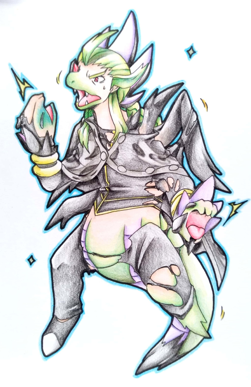 2018 3_heads 3_mouths 3_toes absurd_res ahoge black_eyes black_tail black_wings clothing dipstick_tail dragon emanata empty_eyes eyebrows fangs fezmangaka floating frown full-length_portrait fused_fingers ghetsis green_body green_hair green_tail hair head_growth headhands hi_res human hydreigon light_skin male mammal markings motion_lines multi_eye multi_head multi_mouth multicolored_tail nintendo open_frown open_mouth orange_eyes outline pants pink_tongue pok&eacute;mon pok&eacute;mon_(species) portrait purple_body purple_markings purple_tail robe scalie shiny_pok&eacute;mon shocked simple_background snout solo sparkle species_transformation spikes surprise suspended_in_midair sweat sweatdrop tail_growth tan_skin team_plasma toes tongue torn_clothing torn_pants traditional_media_(artwork) transformation two_tone_body video_games white_background wings