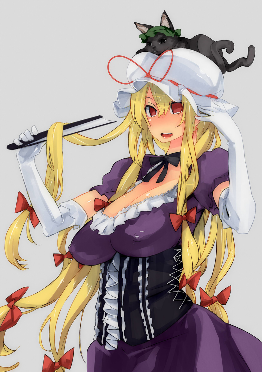 animal animal_on_head anshii_(aliceansi) blonde_hair breasts cat cat_on_head chen chen_(cat) covered_nipples elbow_gloves fan folding_fan gloves hat highres large_breasts long_hair no_nose on_head red_eyes sagging_breasts solo touhou white_gloves yakumo_yukari