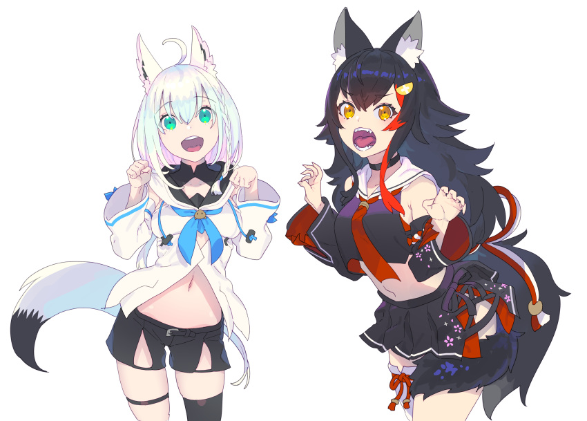 2019 animal_humanoid belt black_fur black_hair braided_hair breasts canine canine_humanoid clothed clothing duo female fluffy fluffy_tail fox_humanoid fur hair hair_ornament humanoid inner_ear_fluff kuro_(artist) legwear long_hair looking_at_viewer mammal navel open_mouth paw_pose red_hair standing teal_eyes thigh_highs white_fur white_hair wolf_humanoid yellow_eyes