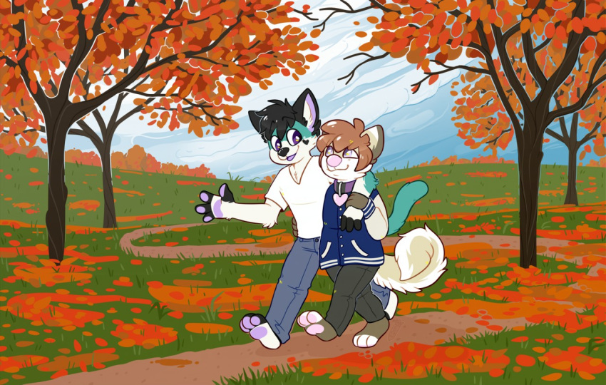 2018 ambiguous_gender anthro autumn black_hair blue_fur brown_hair canine clothed clothing crownedvictory digital_media_(artwork) dog duo fur grass hair mammal open_mouth outside pawpads tree walking white_fur