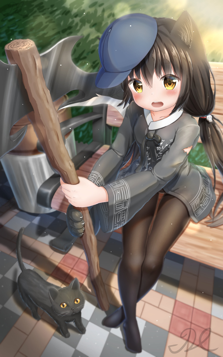 1girl :d absurdres animal_ears artist_name axe baseball_cap bench black_hair black_shirt blue_hat blurry blurry_background blush brown_eyes brown_legwear cat cat_ears claws day hair_ornament hat highres holding holding_axe j2l legs_crossed long_hair long_sleeves looking_at_viewer no_shoes open_mouth outdoors paws shirt signature skull_hair_ornament smile solo talesshop tied_hair tile_floor tiles torn_clothes torn_sleeves yellow_eyes