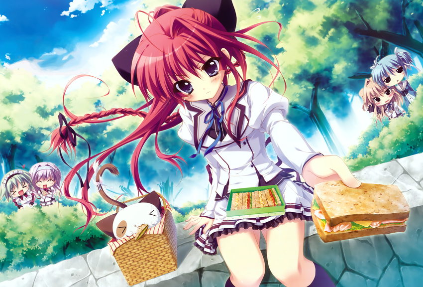 &gt;_&lt; 5girls :3 :d ^_^ absurdres ahoge amaha_miu angelina_nanatsu_sewell animal_ears basket black_ribbon blue_eyes blue_hair blue_ribbon blue_sky blush braid brown_hair cat_ears eating eyes_closed floating_hair food frilled_skirt frills green_hair hairband hiding highres holding inui_sana izumi_tsubasu juliet_sleeves light_frown long_hair long_sleeves looking_at_viewer maid mashiroiro_symphony multiple_girls neck_ribbon offering open_mouth outdoors outstretched_arm pan-nya peeping picnic_basket pleated_skirt pov puffy_sleeves purple_hair red_eyes ribbon sandwich school_uniform sena_airi single_braid sitting skirt sky smile spying stone_wall sunlight tree uryuu_sakuno very_long_hair wall x3 xd